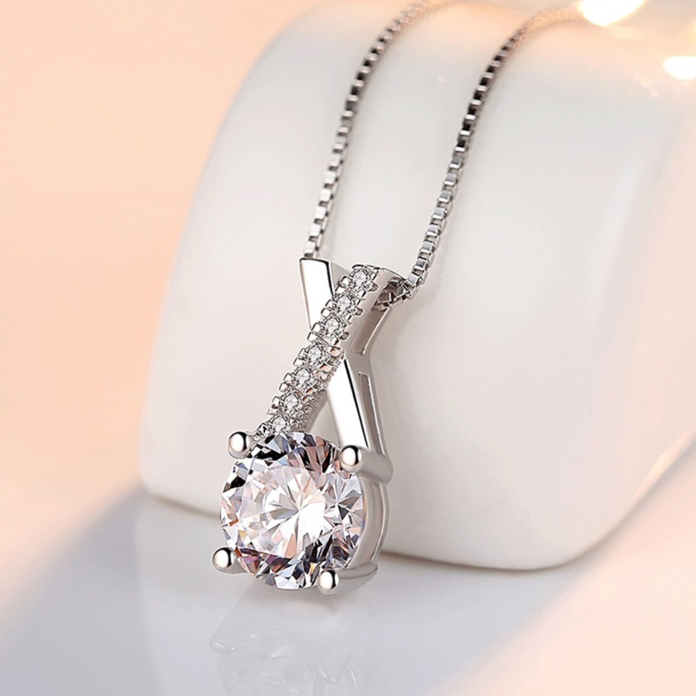 Sterling Silver Criss-Cross Stunning Simulated Diamond Silver Pendant Necklace